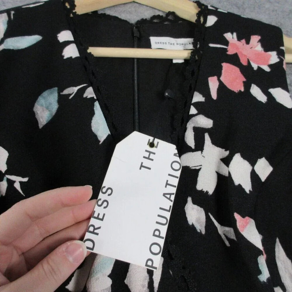 Dress The Population Women Floral Wrap Dress Asymmetrical Hem Black Size L - Picture 5 of 12